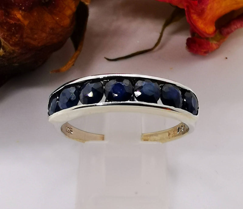 New Blue Sapphire Half Eternity Band Ring in Rhodium Overlay Sterling Silver