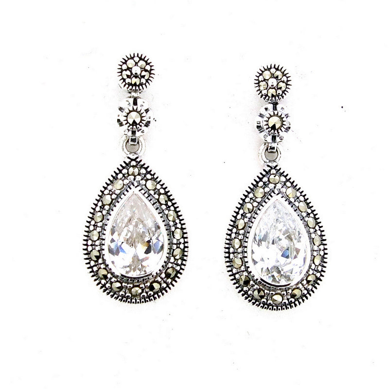 Silver Marcasite Cubic Zirconia Crystal Earrings