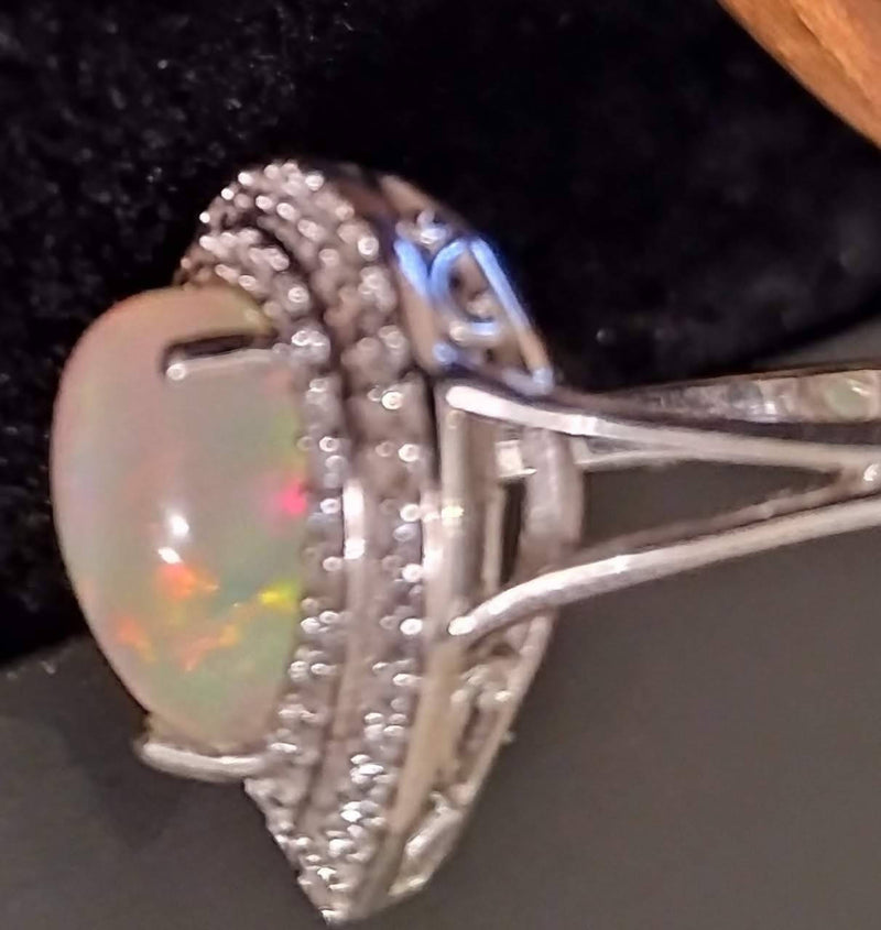 New Ethiopian opal & Cambodian Zircon Sterling Silver Ring - Size P