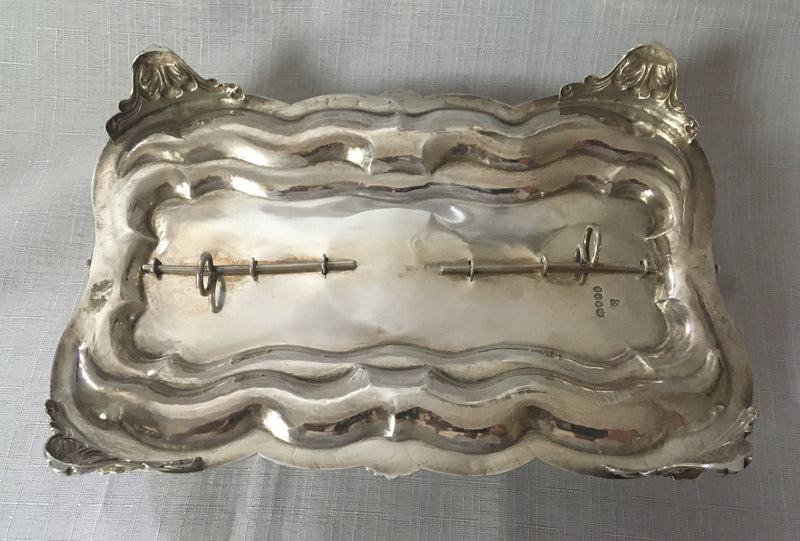 William IV silver inkstand with twin inkwells and taperstick holder with snuffer. London 1834 Joseph Angell I & John Angell I. 16 troy ounces.