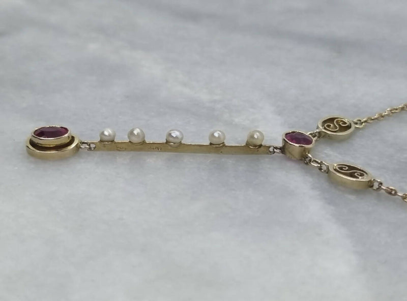 Murrle Bennett & Co 9ct Yellow Gold Art Nouveau c1910 Pink Sapphire, Ruby & Pearl Drop Necklace