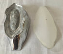 French novelty silver plated mignonette sauce dish and cover, with glass liner, in the form of an oyster shell. Signed M. Gouaille.