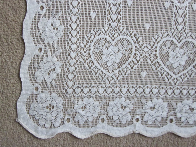 "Charming Hearts" A Vintage Ivory Cotton Lace Curtain Panel - 30 x 36 Inches- Ready-made