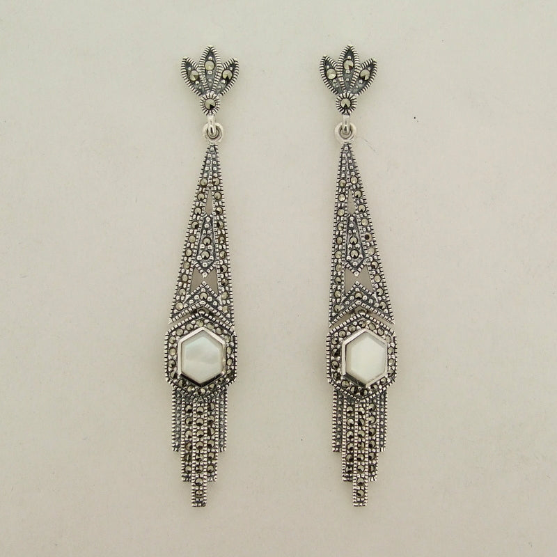 Silver Marcasite Mother of Pearl Art Deco Earrings