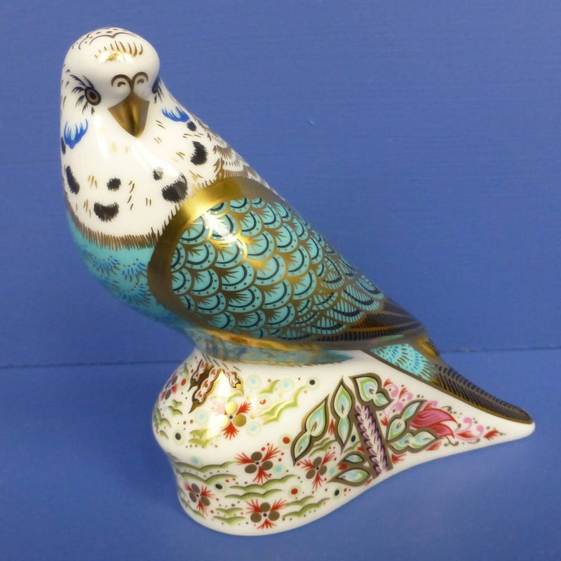 Royal Crown Derby Paperweight - Sky Blue Budgerigar with gold stopper