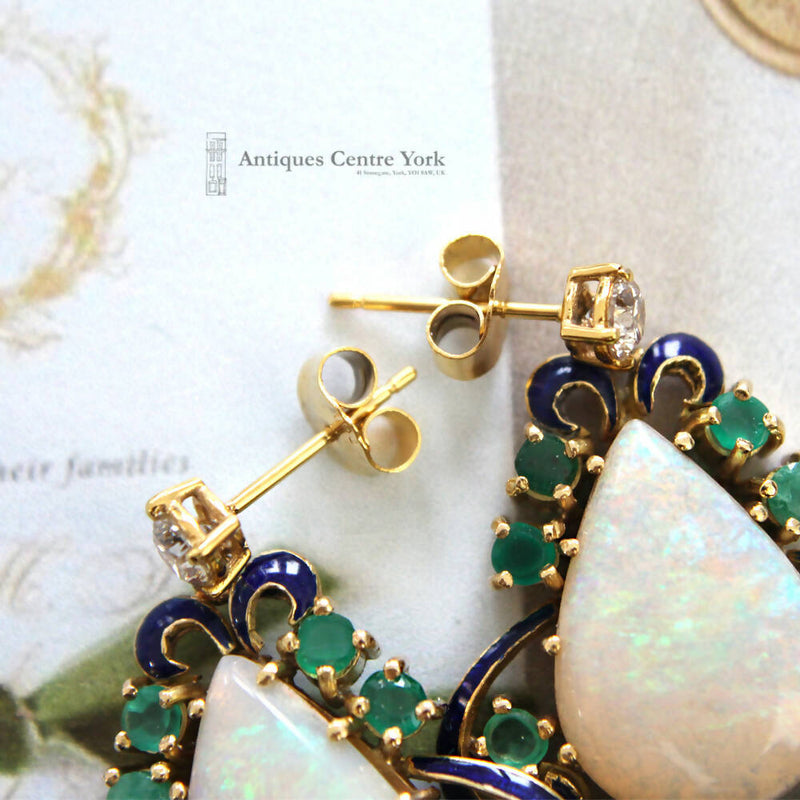 Large Vintage 18ct Opal, Emerald, Chrysophrase & Diamond Earrings