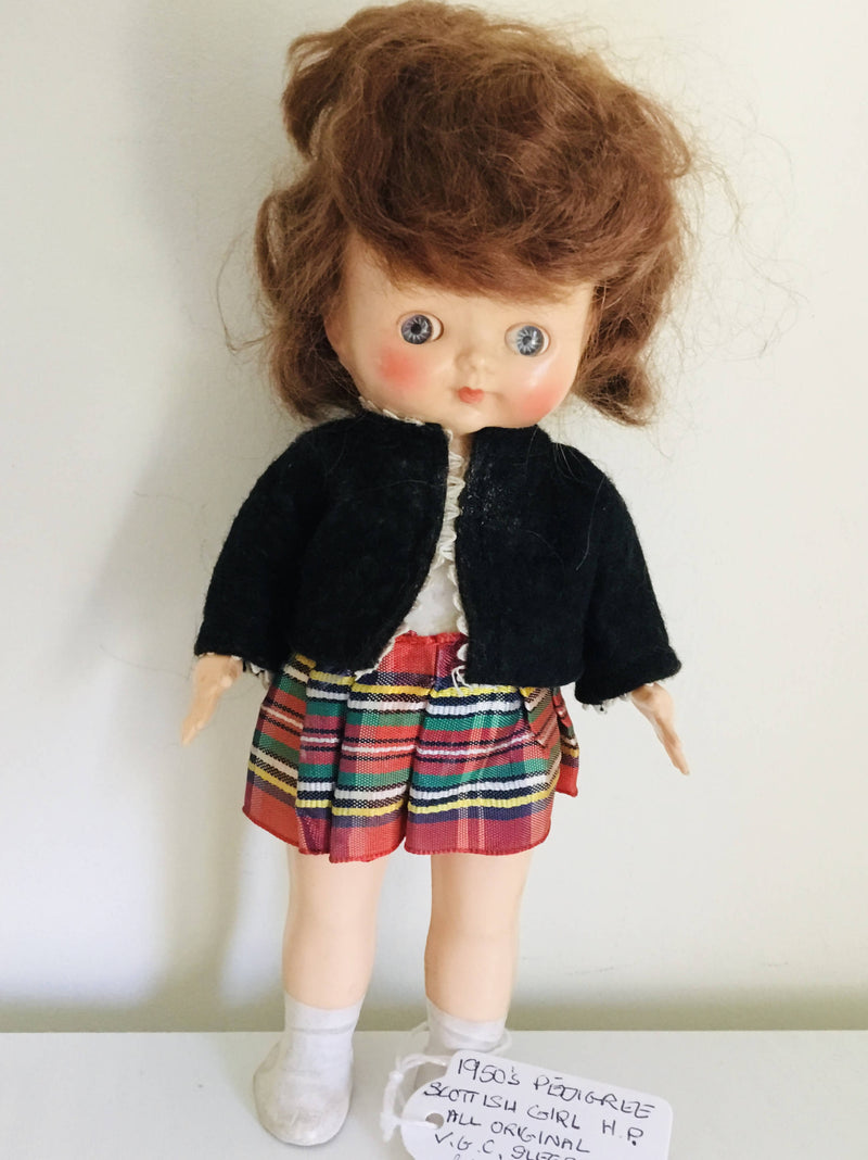 Vintage Pedigree Scottish Doll Hard Plastic All original. 1950’s 7”