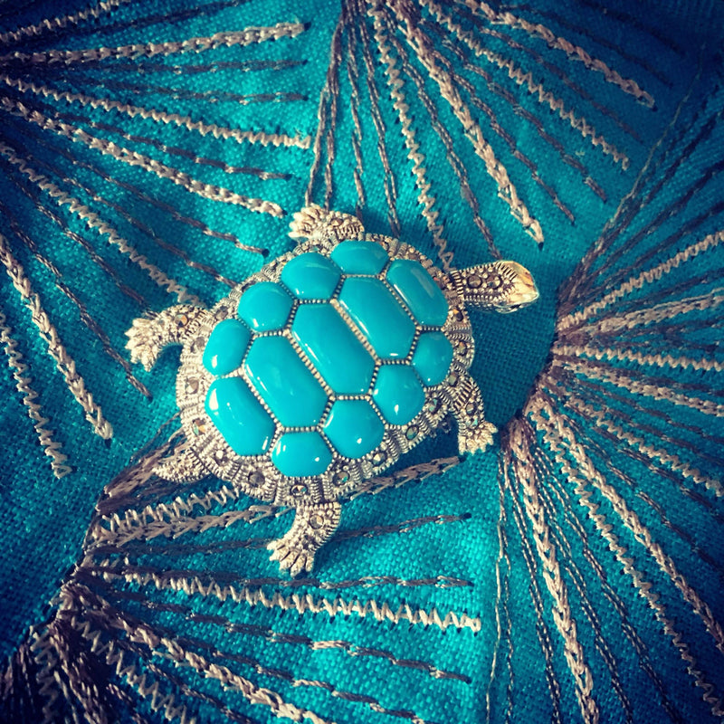 Turquoise Tortoise Brooch Marcasite Silver Pin Pendant