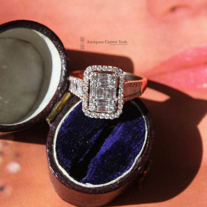 18ct Rose Gold Baguette & Brilliant Cut Diamond Rectangular Cluster Ring