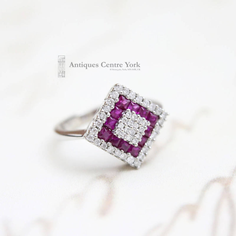 18ct White Gold Ruby & Diamond Square Cluster Ring