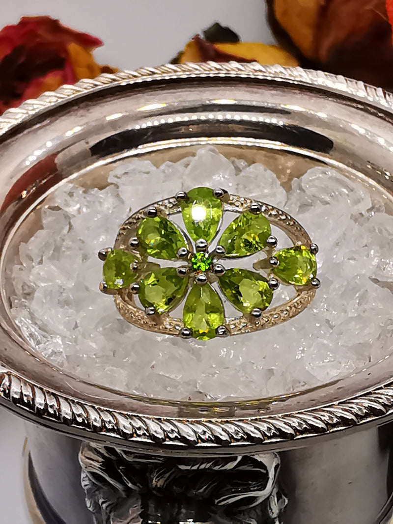 New Peridot and Diopside 925 Sterling Silver Ring with Rhodium Overlay (Size N)