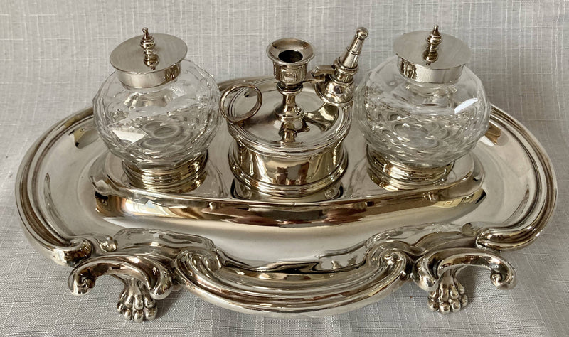 Georgian Style Silver Plated Inkstand with Twin Inkwells & Taperstick Holder.