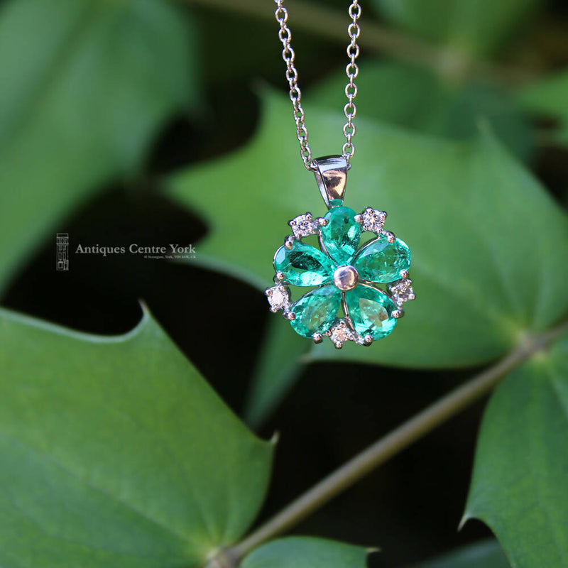 Platinum Emerald & Diamond Flower Cluster Pendant