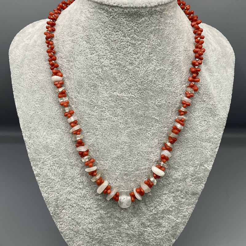 Red coral, quartz and rock crystal necklace