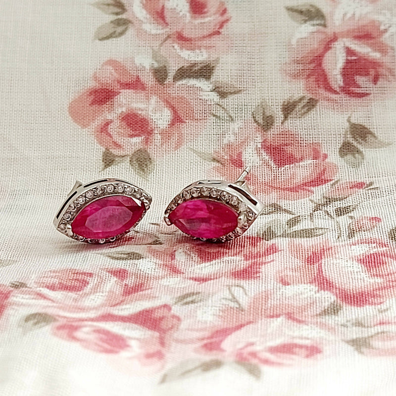 Silver Pierced Stud Earrings with Pink Topaz & CZ.