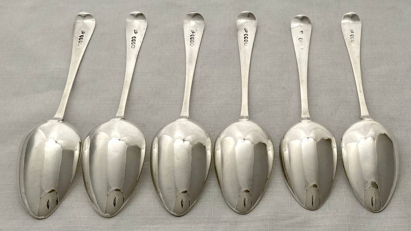 Georgian, George III, Set of Six Crested Silver Serving Spoons. London 1795/96 Richard Crossley. 12.6 troy ounces.