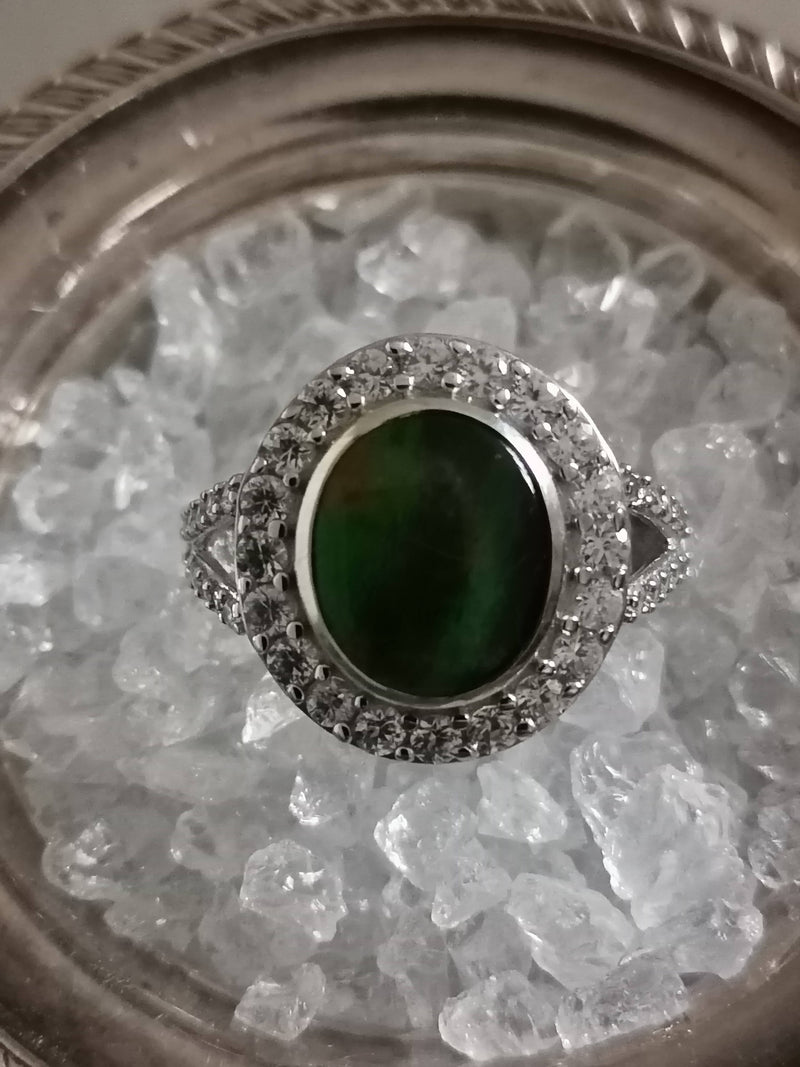 New AA Canadian Ammolite Natural Cambodian Zircon Ring in Platinum Overlay Sterling Silver