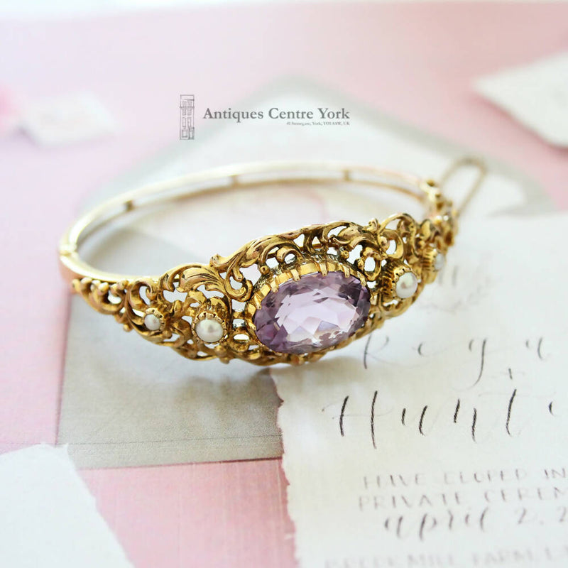 Vintage 1970's 9ct Amethyst & Pearl Victorian Style Bangle