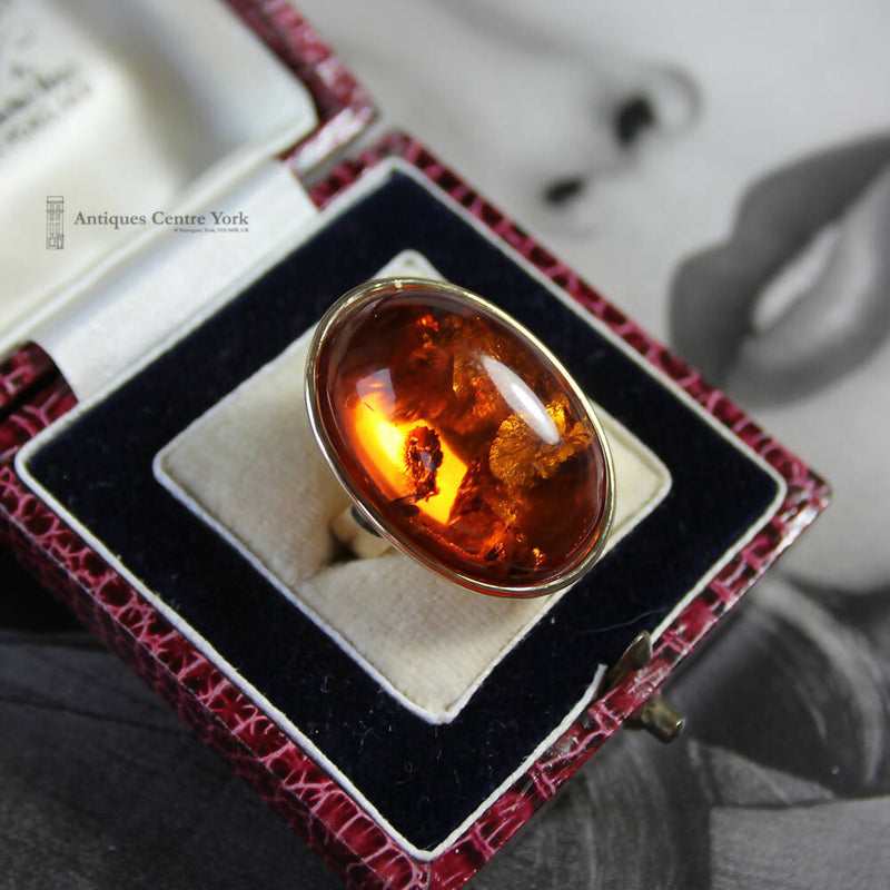 Large 14ct Gold Baltic Amber Ring by Danish Designer Halberstadt Willy Fagert