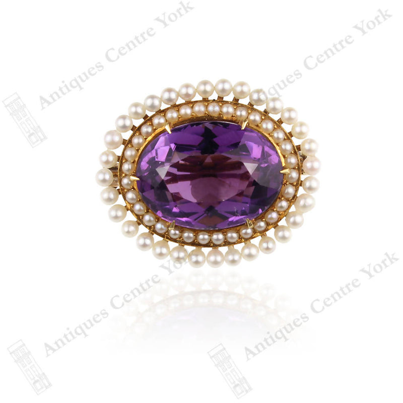 Late Victorian 14ct Amethyst & Pearl Oval Brooch