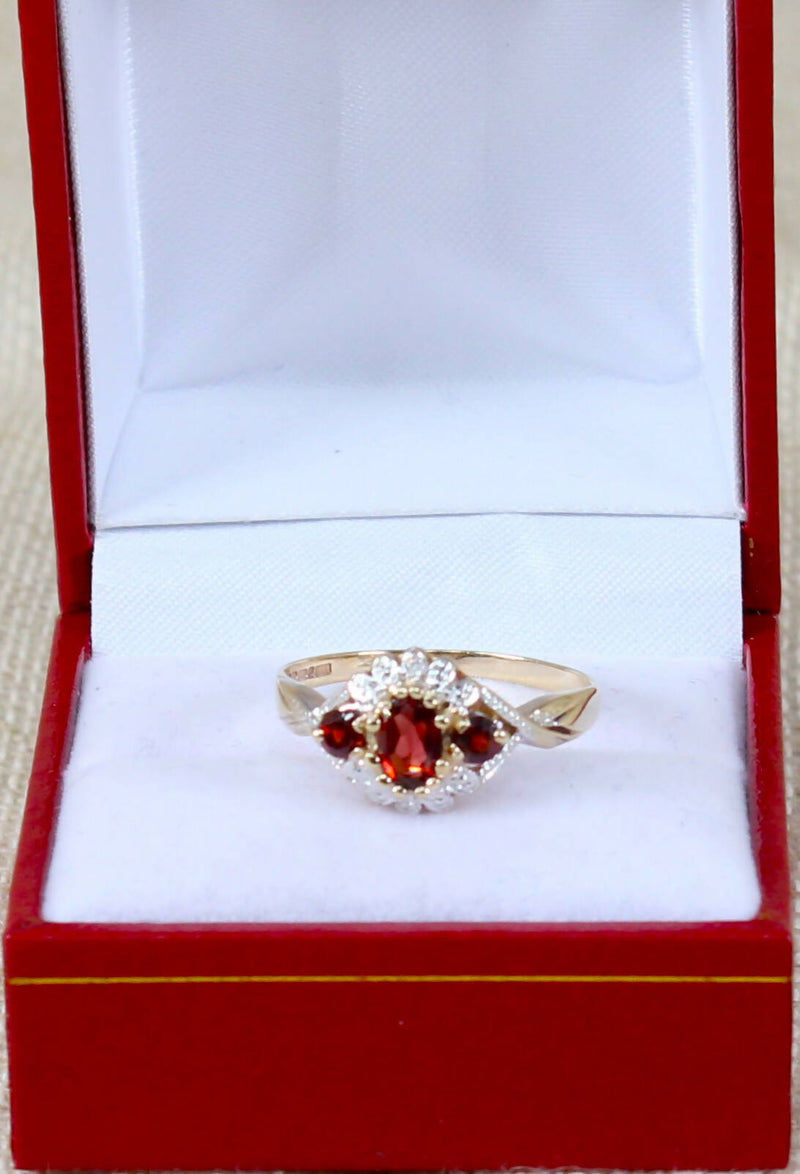 9ct Gold Garnet and Diamond Trilogy Ring