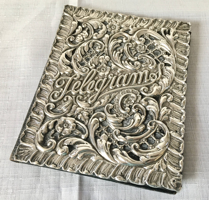 Edwardian silver mounted, Morocco leather and watermarked silk telegrams folder. Birmingham 1903 Synyer & Beddoes.