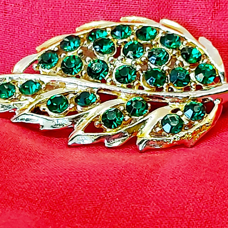 Silver Tone & Faux Emerald Leaf Brooch