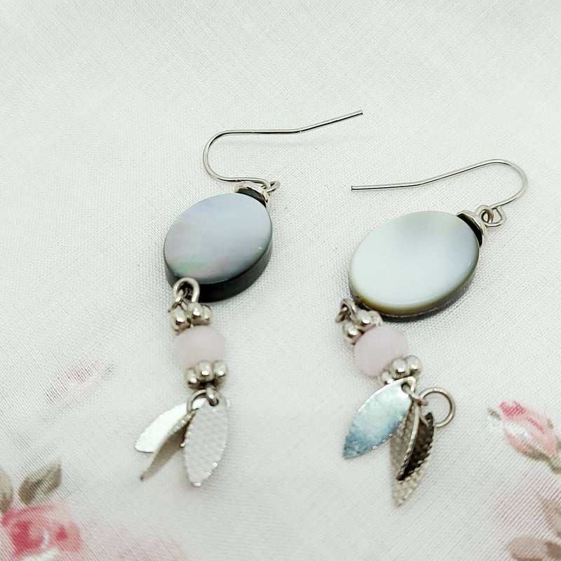 Silver Tone, Shell Effect and Pink Paste Drop Earrings