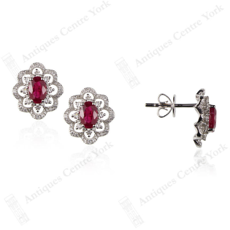 18ct White Gold Ruby & Diamond Cluster Earrings