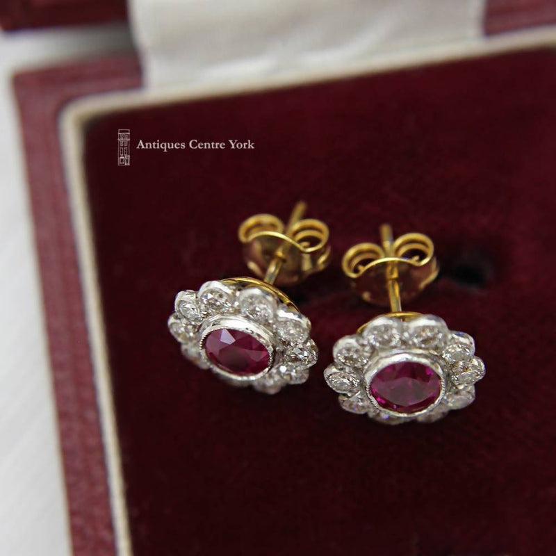 18ct Ruby & Diamond 0.80ct Oval Cluster Earrings