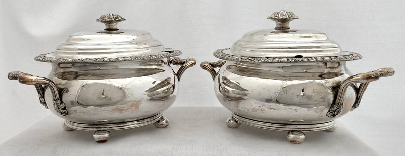 Georgian, George IV, Pair of Old Sheffield Plate Sauce Tureens. Circa 1820 - 1830.