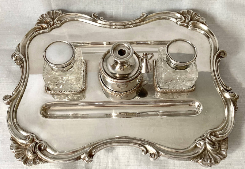 Large Silver Plated Inkstand, in the Georgian Manner, with Twin Inkwells, Taperstick Holder & Snuffer.