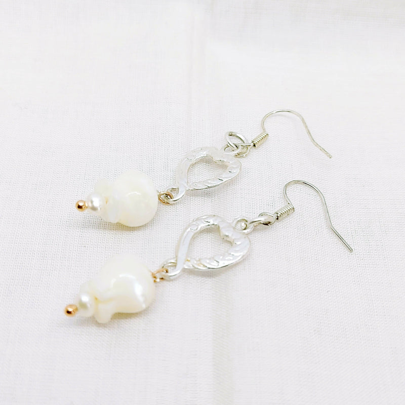 Silver Tone Heart & Mother of Pearl 'Lily of the Valley' Earrings