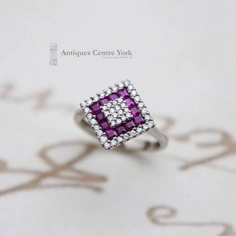 18ct White Gold Ruby & Diamond Square Cluster Ring