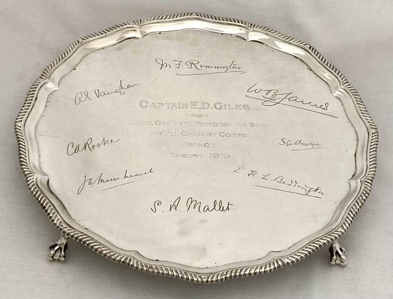 George V Silver Salver. Lieut. General Rimington, Indian Cavalry Corps. Sheffield 1915 Goldsmiths & Silversmiths Co. 28 troy ounces.