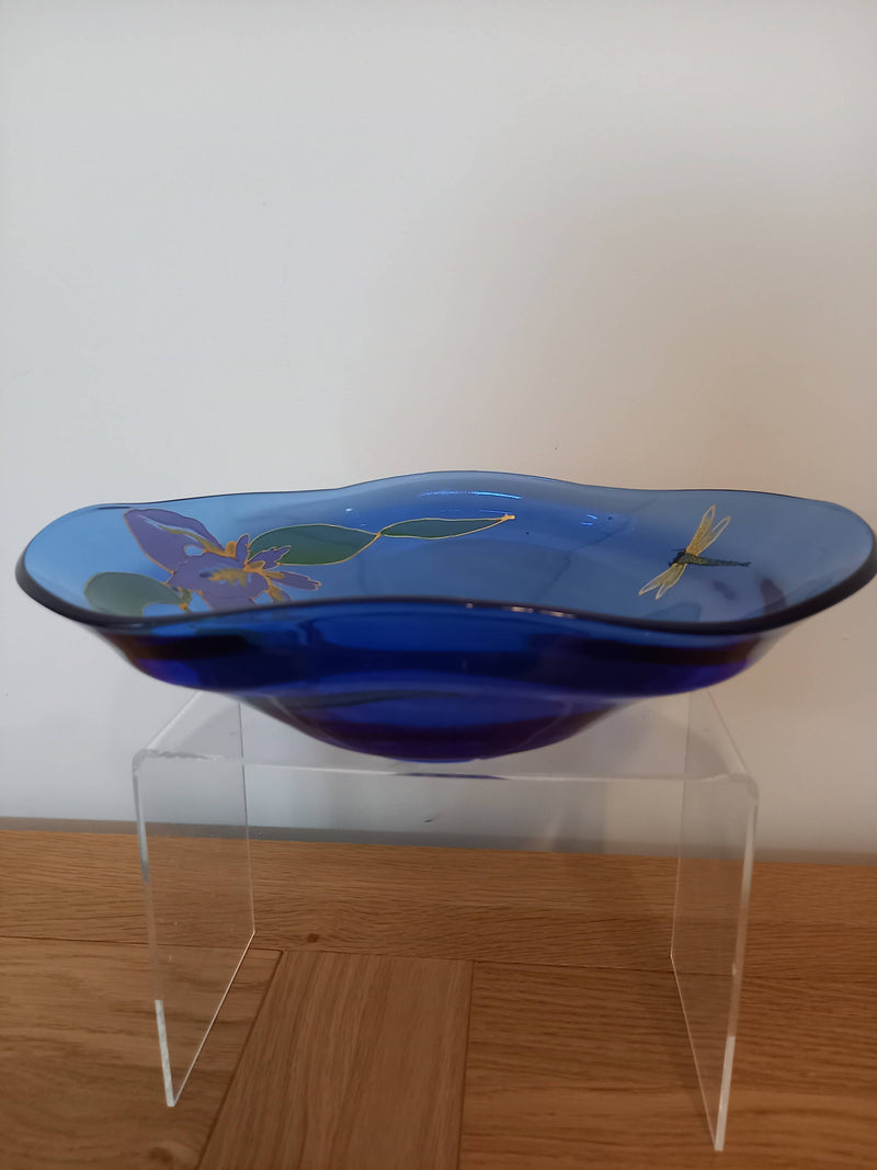 Hand painted blue glass bowl by Jo. North