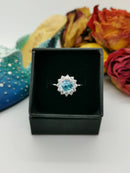 New Esprito Santo Aquamarine & White Cambodian Zircon Halo Sterling Silver ring - S
