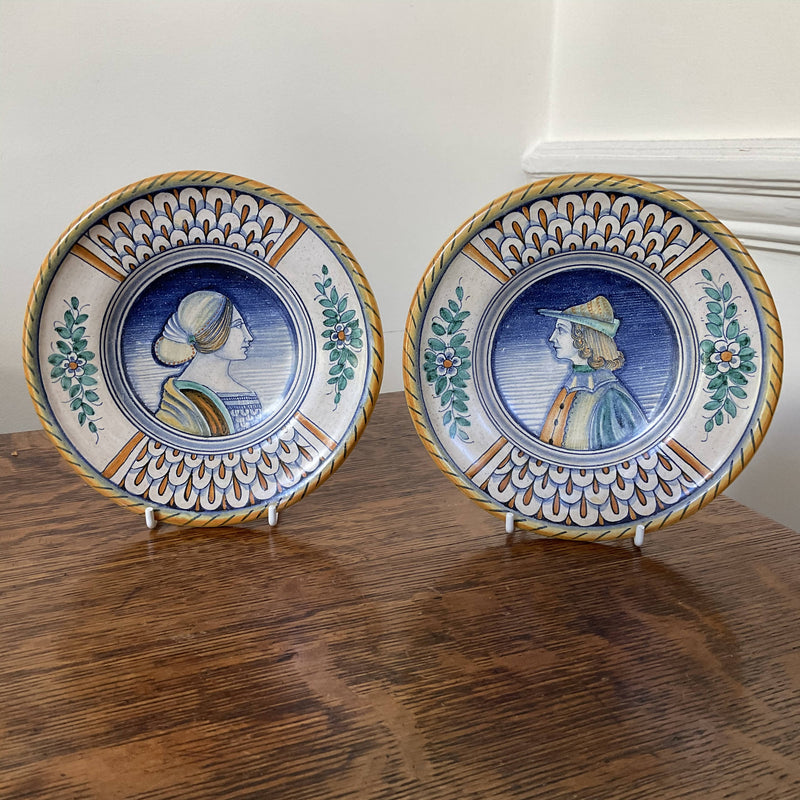 Pair of Italian maiolica portrait plates