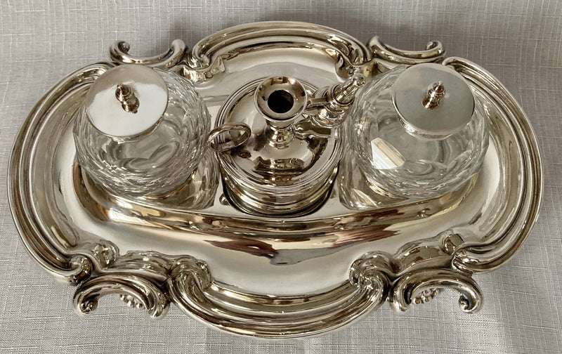 Georgian Style Silver Plated Inkstand with Twin Inkwells & Taperstick Holder.