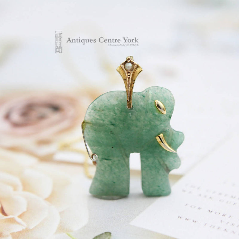 Unusual Aventurine & Gold Elephant Pendant & Chain