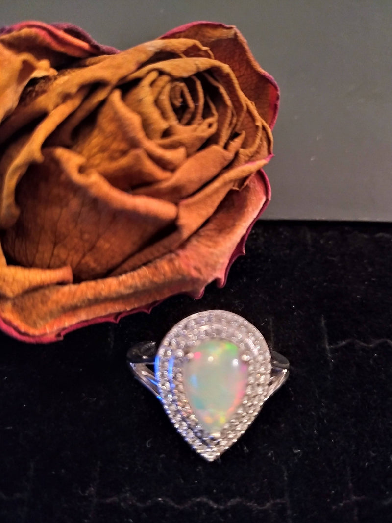 New Ethiopian opal & Cambodian Zircon Sterling Silver Ring - Size P