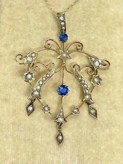 Art Nouveau c1905 9ct Yellow Gold Sapphire & Seed Pearl Pendant