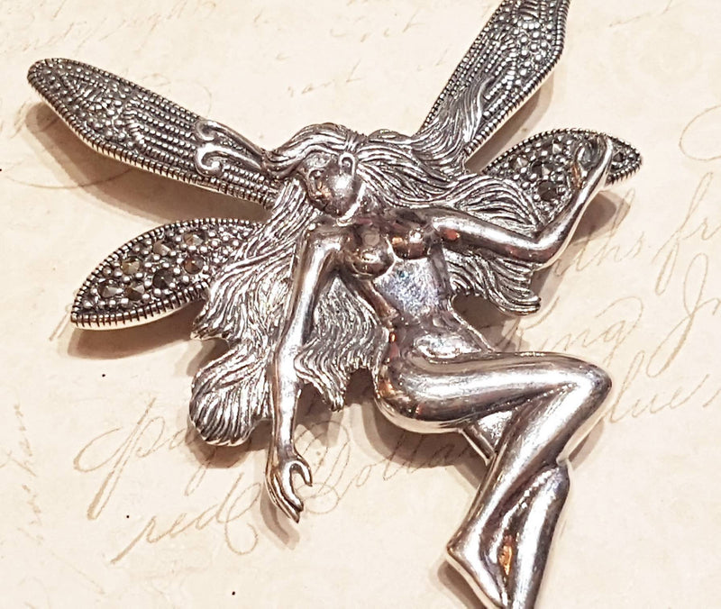 Silver Fairy Brooch Pin Marcasite Pendant