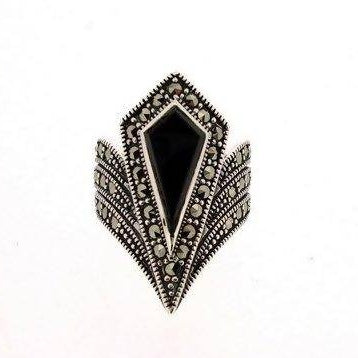 Silver Marcasite Black Art Deco Ring