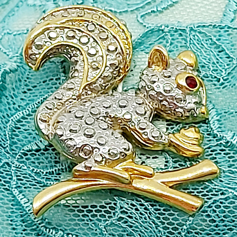 Cute Gold & Silver Tone Squirrel Brooch