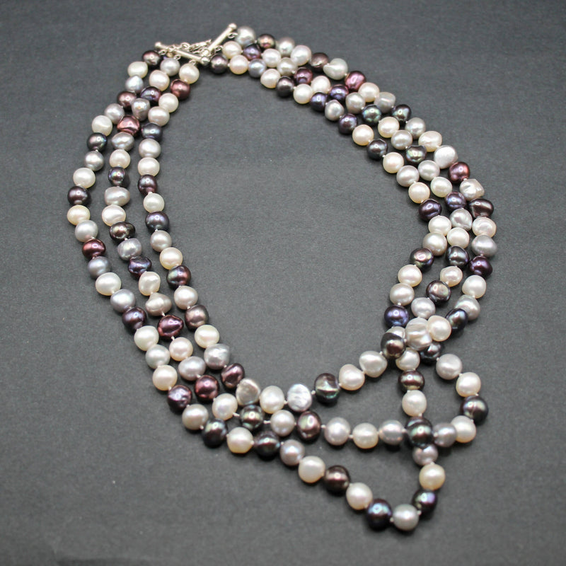 Three row variegated pearl necklace