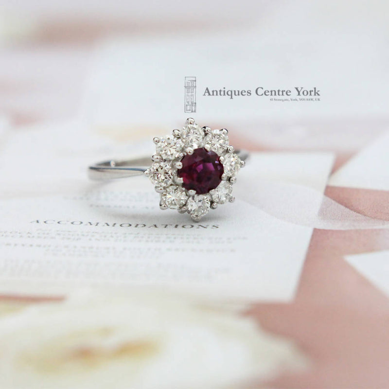 1970's 18ct White Gold Ruby & Diamond Cluster Ring