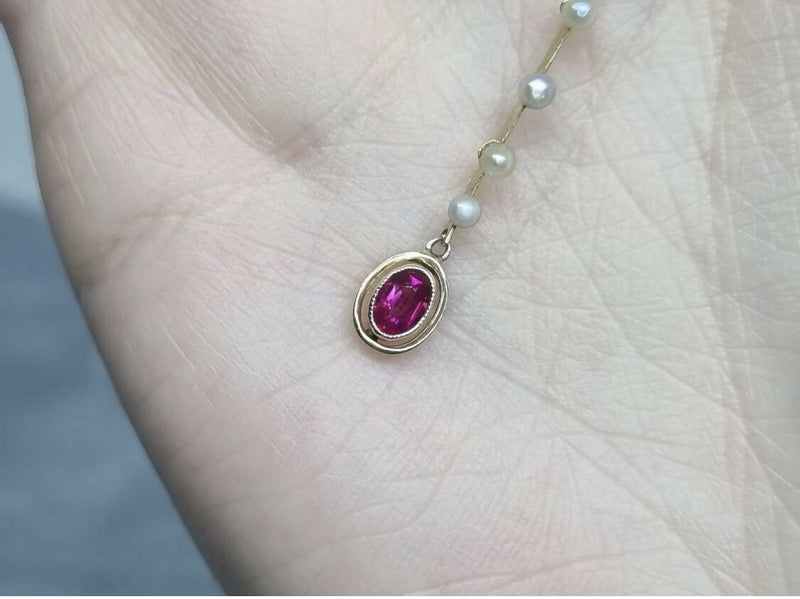 Murrle Bennett & Co 9ct Yellow Gold Art Nouveau c1910 Pink Sapphire, Ruby & Pearl Drop Necklace