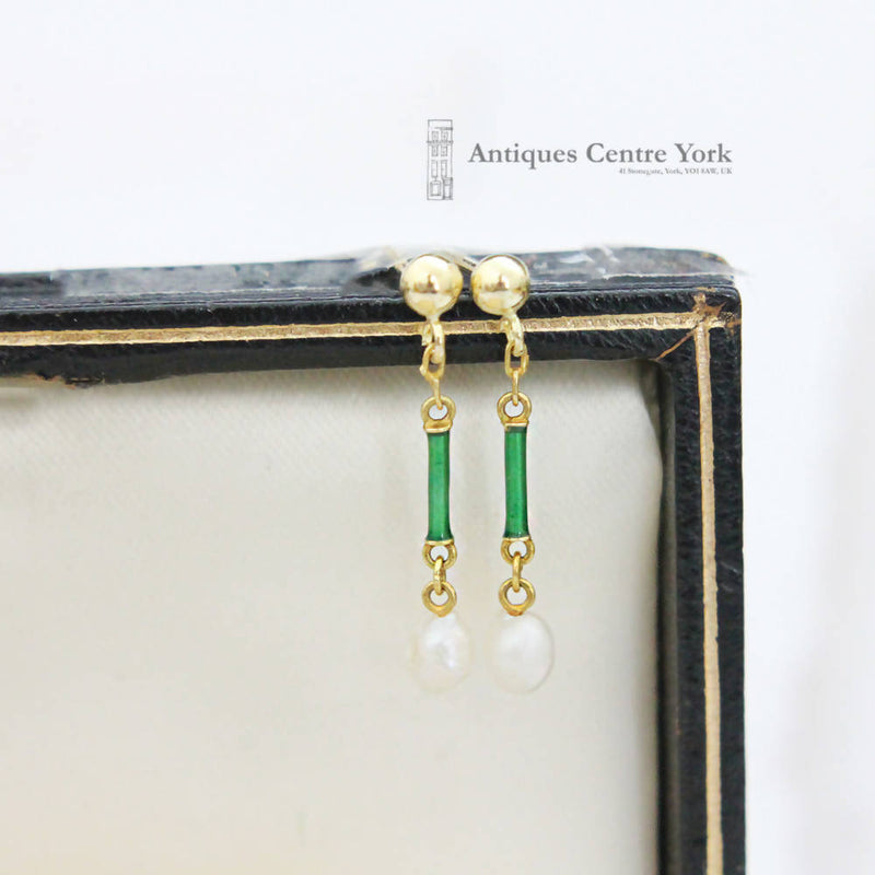 Edwardian 18ct Pearl & Green Enamel Earrings