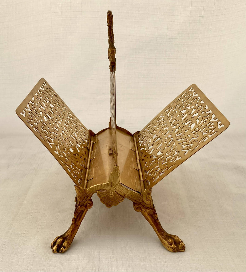 Gilt Metal Correspondence Stand on Lion Paw Feet with Dolphin Handle.